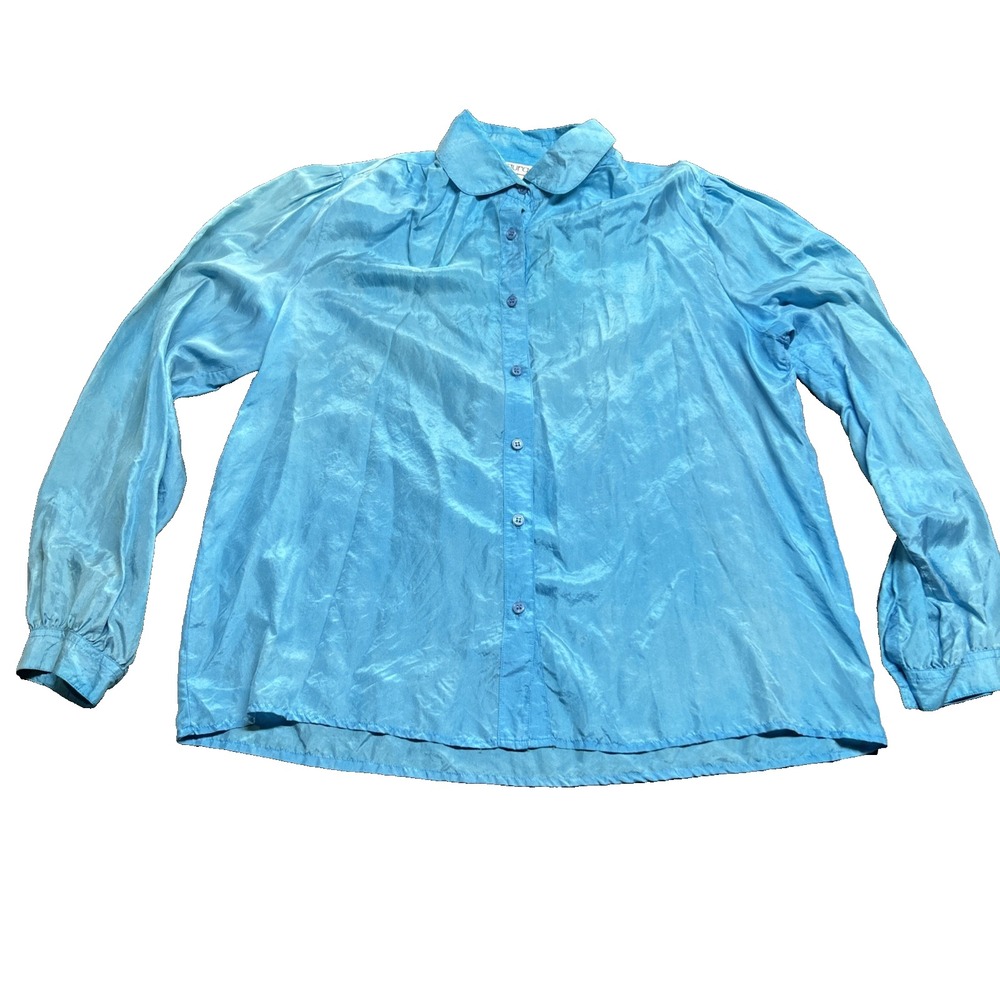 Vintage Maurada 100% Silk Button Front Blouse Blue Size 16 80s 90s Retro